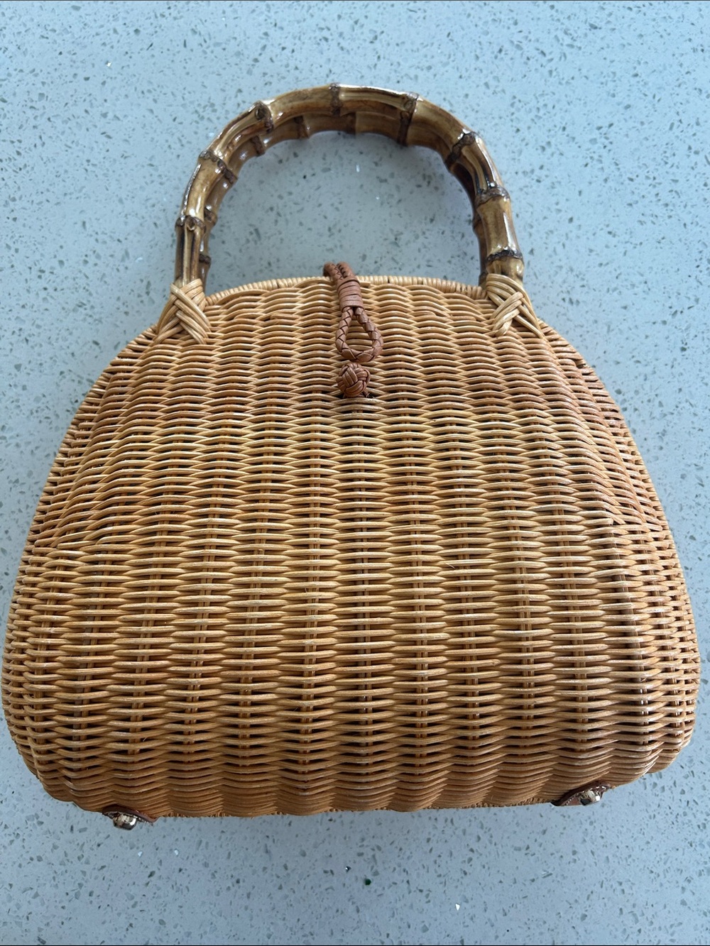 Woven Rattan Tote Handbag with Bamboo Handles - Brown